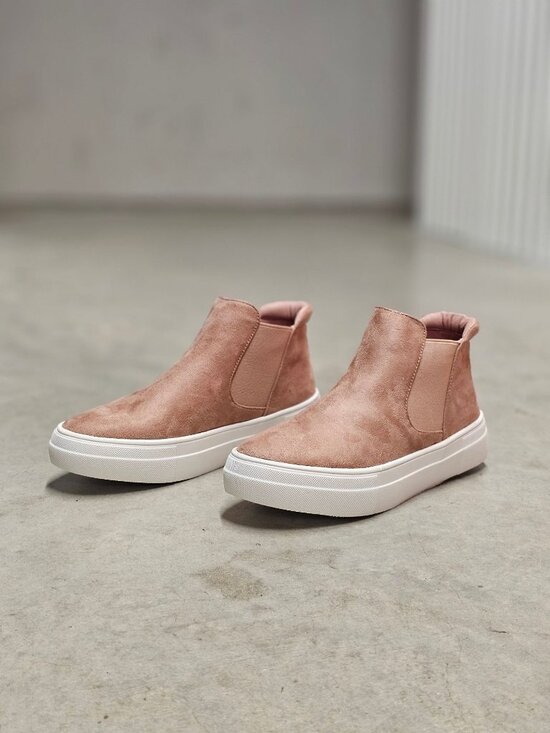 Shoes - Blush Nubuck Slip-On Platform Sneakers With Elastic Side Panels & White Soles Fo